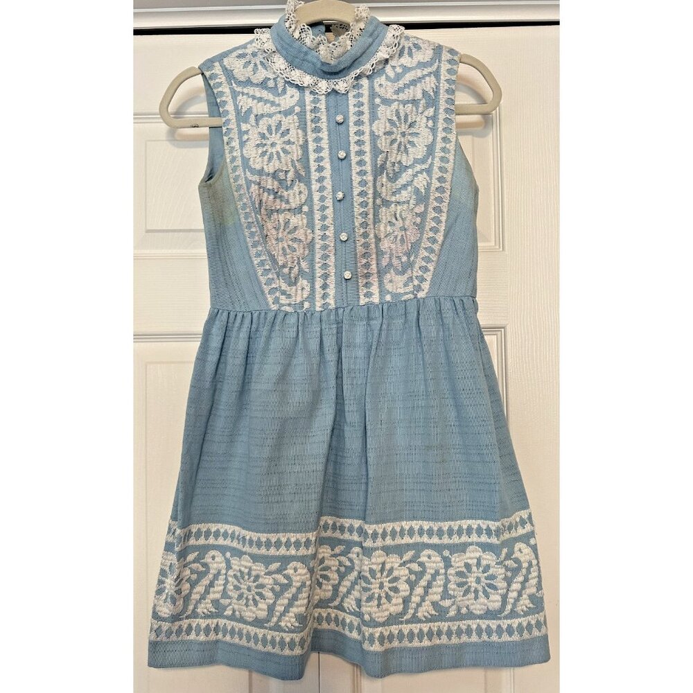 Vintage 1960s ? girl's blue sleeveless dress embroidery birds flowers prop movie